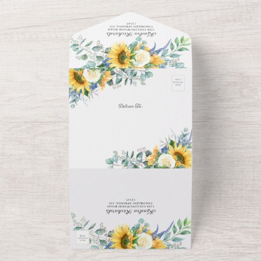 Rustieke Boho Zonnebloemen en Rozen Bruiloft All In One Uitnodiging (Buitenkant)