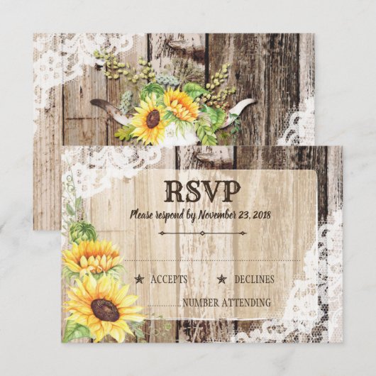Rustieke Boho Zonnebloemen Houten RSVP-kaart RSVP Kaartje (Voorkant / Achterkant)