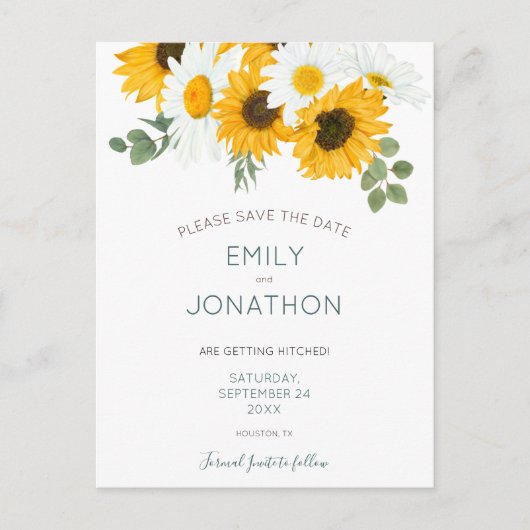 Rustieke boho zonnebloemen sparen de datum aankondigingskaart (Voorkant)