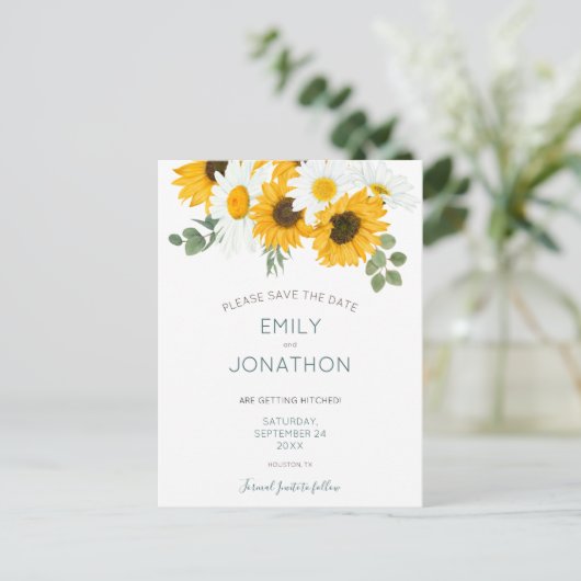 Rustieke boho zonnebloemen sparen de datum aankondigingskaart (Staand voorkant)