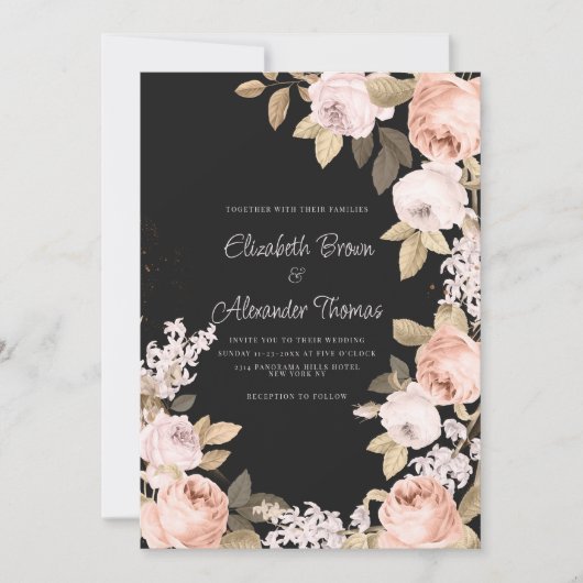 Rustieke boho zwart roze koraal ivoor bloemenbruil kaart (Voorkant)