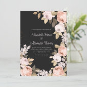 Rustieke boho zwart roze koraal ivoor bloemenbruil kaart (Staand voorkant)