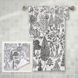 Rustieke Boho Zwarte en Witte Boom Patroon Bad Handdoek