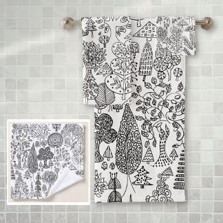 Rustieke Boho Zwarte en Witte Boom Patroon Bad Handdoek