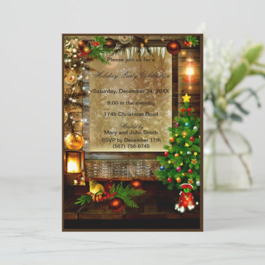 Rustieke bomen ornamenten Kerstfeest Uitnodiging (Staand voorkant)