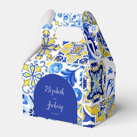 Rustieke Boog Blauw Geel Wit Tegels Bruiloft Bedankdoosjes (Achterkant)