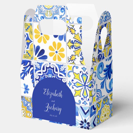 Rustieke Boog Blauw Geel Wit Tegels Bruiloft Bedankdoosjes (Geopend)