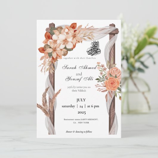 Rustieke boog Bloemen Nikkah Moslim Huwelijk Kaart (Staand voorkant)