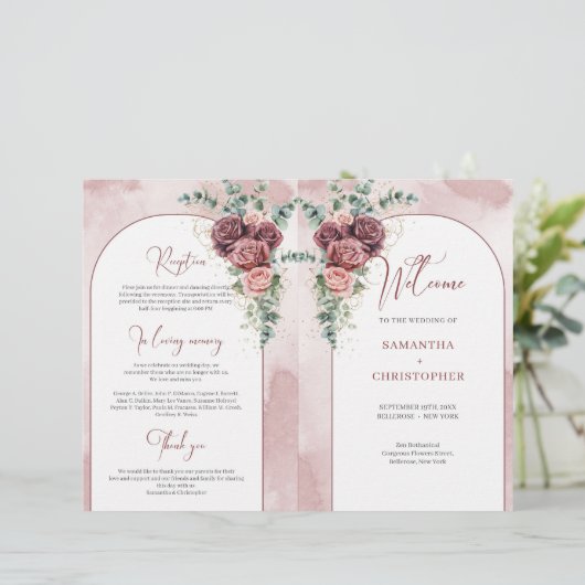 Rustieke boog bordeaux blozen rozen eucalyptus gev (Staand voorkant)