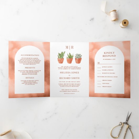 Rustieke boog woestijn cactus terracotta potten br drieluik uitnodiging (Binnen)