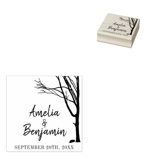 Rustieke boom bruid bruidegom namen bruiloft rubberstempel (Gestempeld)