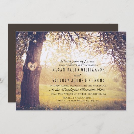 Rustieke boom en gebeeldhouwde hart verlovingsfees kaart (Voorkant / Achterkant)