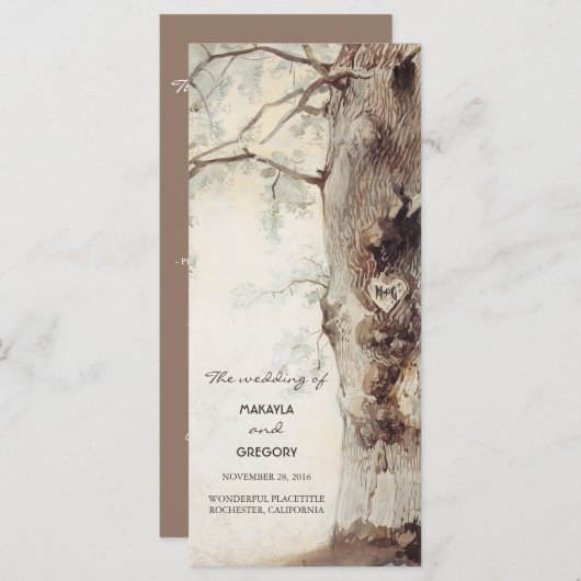 Rustieke boom en gesneden hart bruiloft programma' programmakaart (Voorkant / Achterkant)