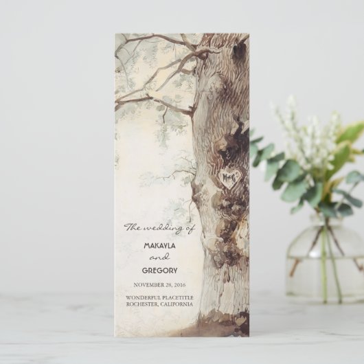 Rustieke boom en gesneden hart bruiloft programma' programmakaart (Staand voorkant)