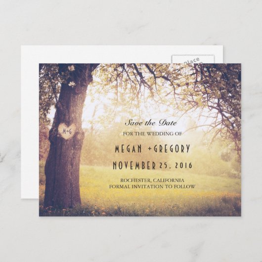 Rustieke boom en gesneden hart Save the Date Aankondigingskaart (Voorkant / Achterkant)