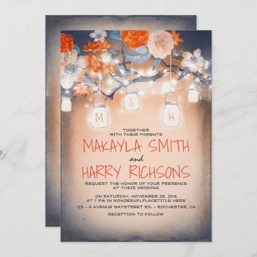 Rustieke boom en lichten Mason Jars Fall Wedding Kaart (Voorkant / Achterkant)