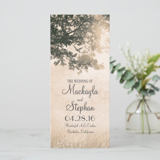 Rustieke boom en liefde vogels bruiloft programma' programmakaart (Staand voorkant)