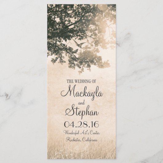 Rustieke boom en liefde vogels bruiloft programma' programmakaart (Voorkant)