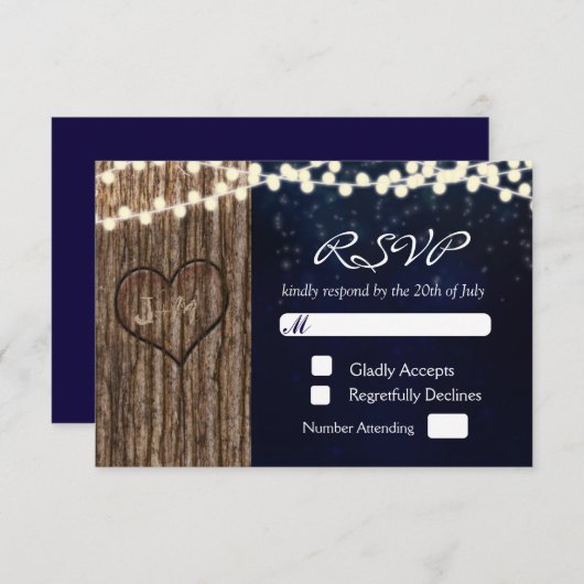 Rustieke boom gesneden hart nacht bruiloft RSVP Ka (Voorkant / Achterkant)
