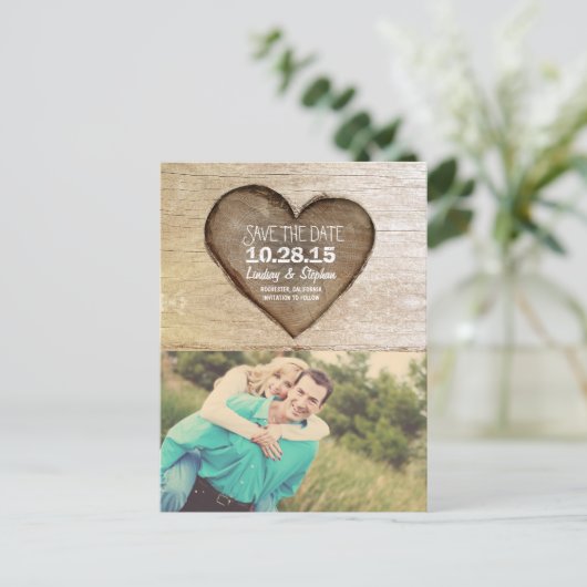 Rustieke boom gesneden hout hart foto opslaan van  aankondigingskaart (Staand voorkant)