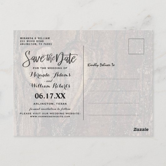 Rustieke boom hart foto opslaan van de datum briefkaart (Achterkant)