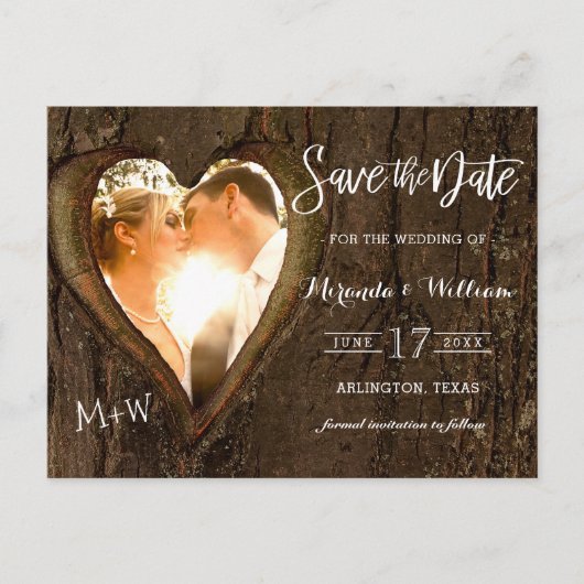 Rustieke boom hart foto opslaan van de datum briefkaart (Voorkant)