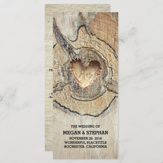 Rustieke boom hout hart carving bruiloft programma programmakaart (Voorkant / Achterkant)