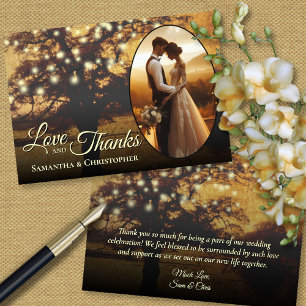 Rustieke Boom Met Lichten Foto & Notitie Trouwen Bedankkaart