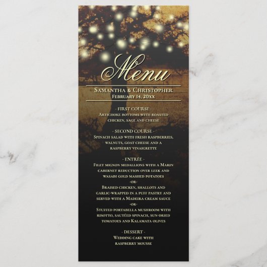 Rustieke boom met snoeren van lichten Bruiloft Menu (Voorkant)