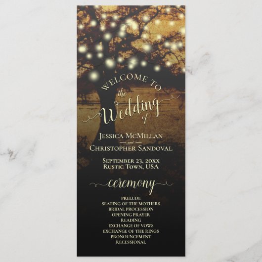 Rustieke boom met Strings of Lights bruiloft Programmakaart (Voorkant)