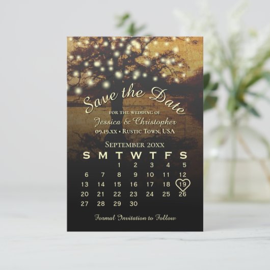Rustieke boom met verlichting Elegante bruiloft ka Save The Date (Staand voorkant)