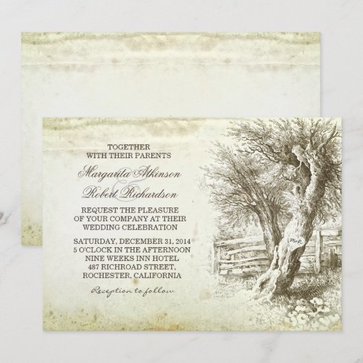 rustieke boom oud papier huwelijksuitnodigingen kaart (Voorkant / Achterkant)
