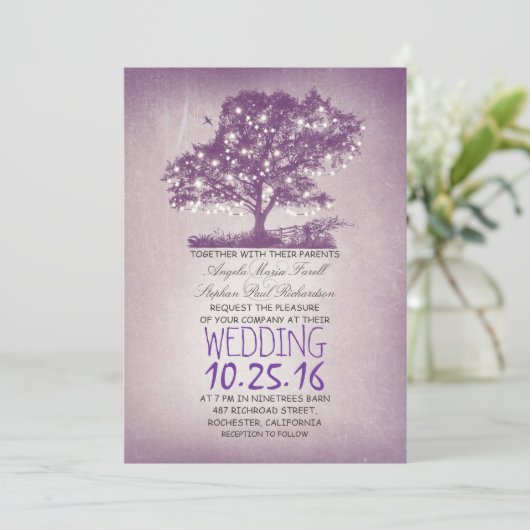 Rustieke boom & string lichten bruiloft uitnodigin kaart (Staand voorkant)