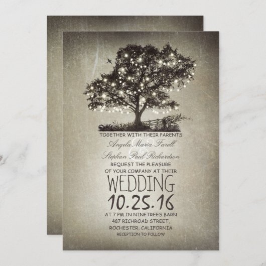 Rustieke boom & string lichten bruiloft uitnodigin kaart (Voorkant / Achterkant)