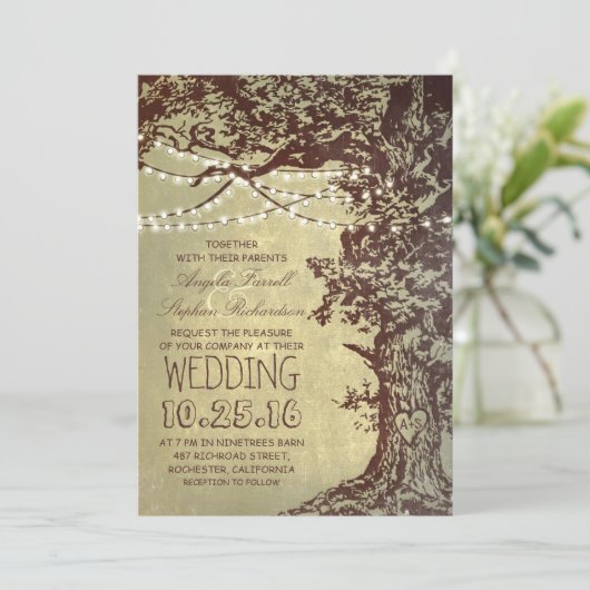 Rustieke boom & string lichten bruiloft uitnodigin kaart (Staand voorkant)