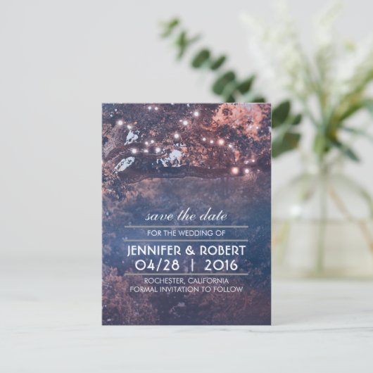 Rustieke Boom String Lights Blue Sla de datum op Aankondigingskaart (Staand voorkant)