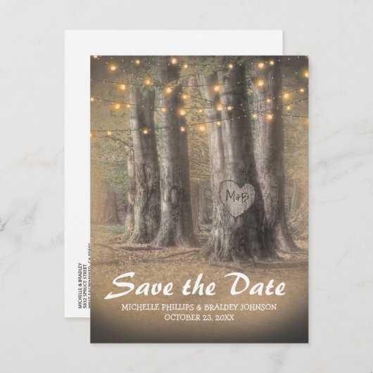 Rustieke Boom & String Lights Bruiloft Bewaar de d Aankondigingskaart (Voorkant / Achterkant)