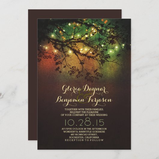 Rustieke boom takken & string lichten bruiloft kaart (Voorkant / Achterkant)