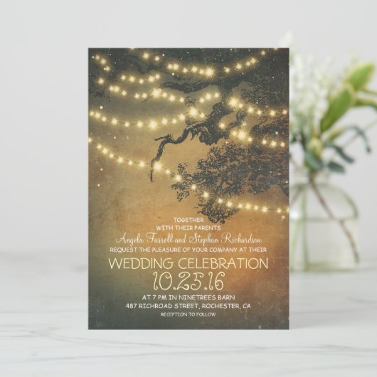 Rustieke boom takken & string lichten bruiloft kaart (Staand voorkant)