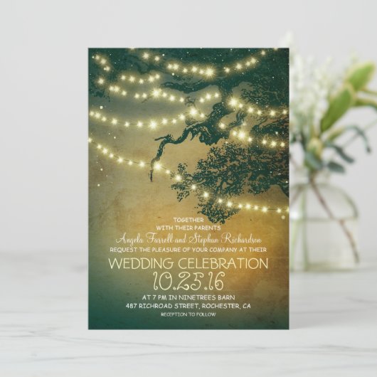 Rustieke boom takken & string lichten bruiloft kaart (Staand voorkant)