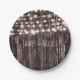 Rustieke boomschors hout en slingerlichtjes herfst papieren bordje