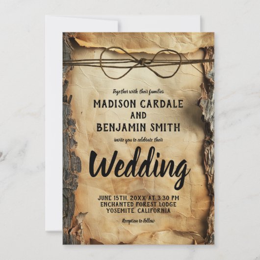 Rustieke boomschors perkament papier bruiloft kaart (Voorkant)