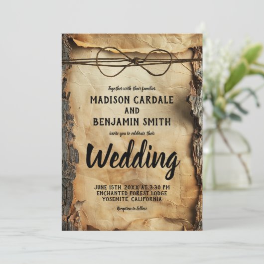 Rustieke boomschors  perkament papier bruiloft kaart (Staand voorkant)