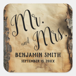 Rustieke boomschors perkament trouwgunst vierkante sticker