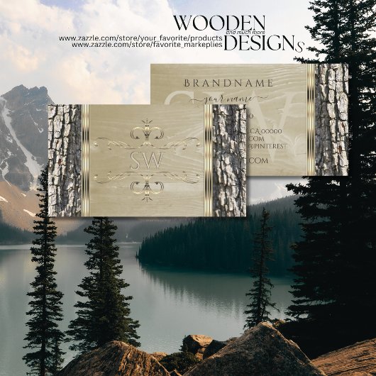 Rustieke boomschors Wood Grain Gold  Monogram Visitekaartje