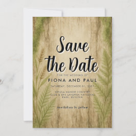 Rustieke Boomstam en Mos Bos Save the Date Kaart