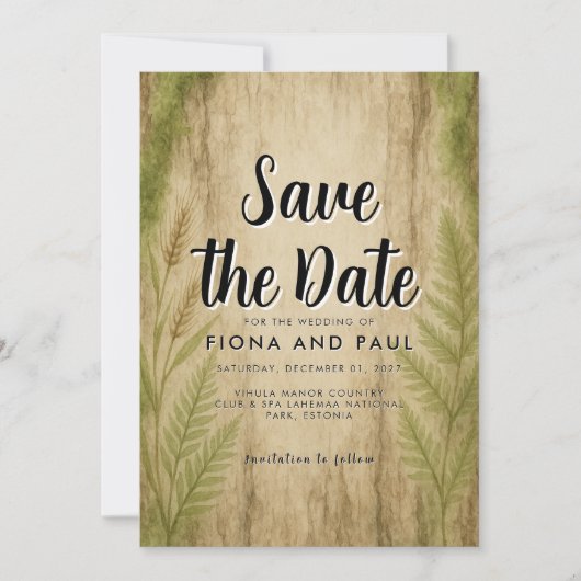 Rustieke Boomstam en Mos Bos Save the Date Kaart (Voorkant)