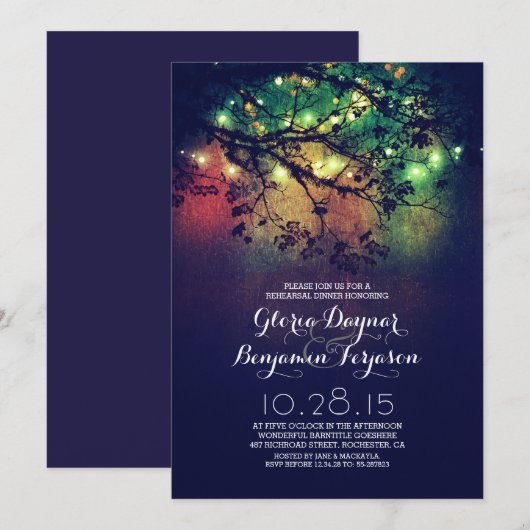 Rustieke boomtakken & lichten repetitie diner kaart (Voorkant / Achterkant)