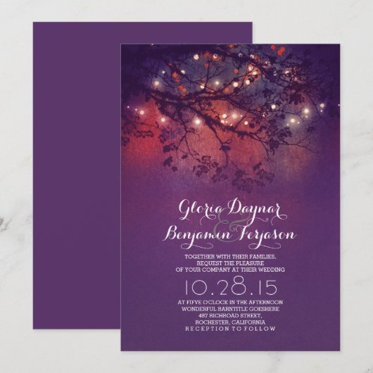 Rustieke boomtakken paarse string lichten bruiloft kaart (Voorkant / Achterkant)