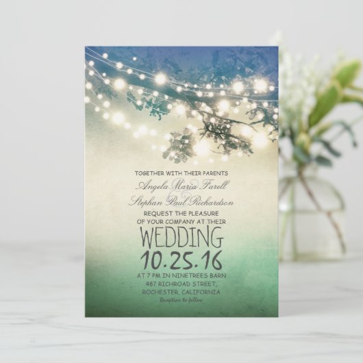 Rustieke boomtakken & strijklichten blauwgroen bru kaart (Staand voorkant)